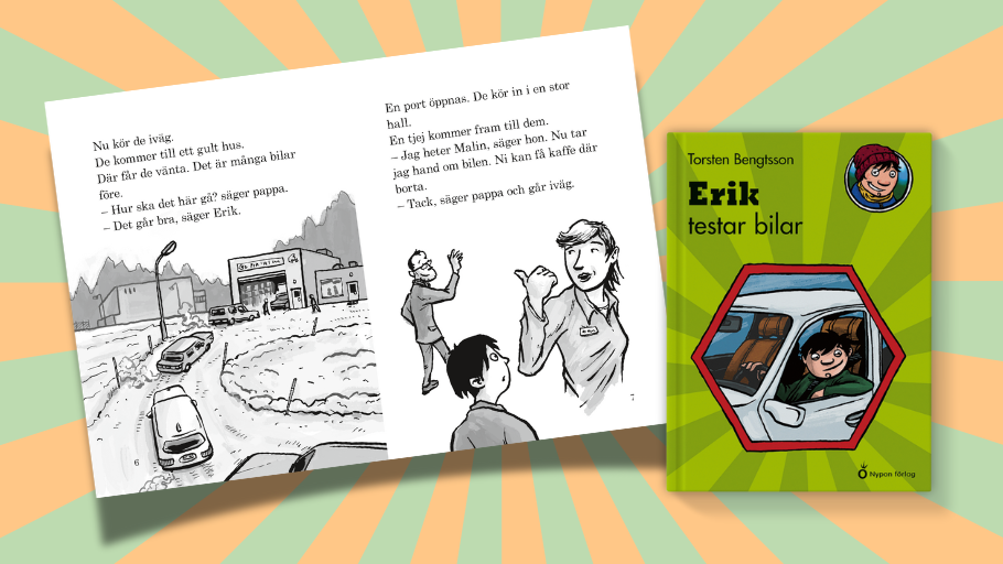 Ett uppslag som visar boken Erik testar bilar